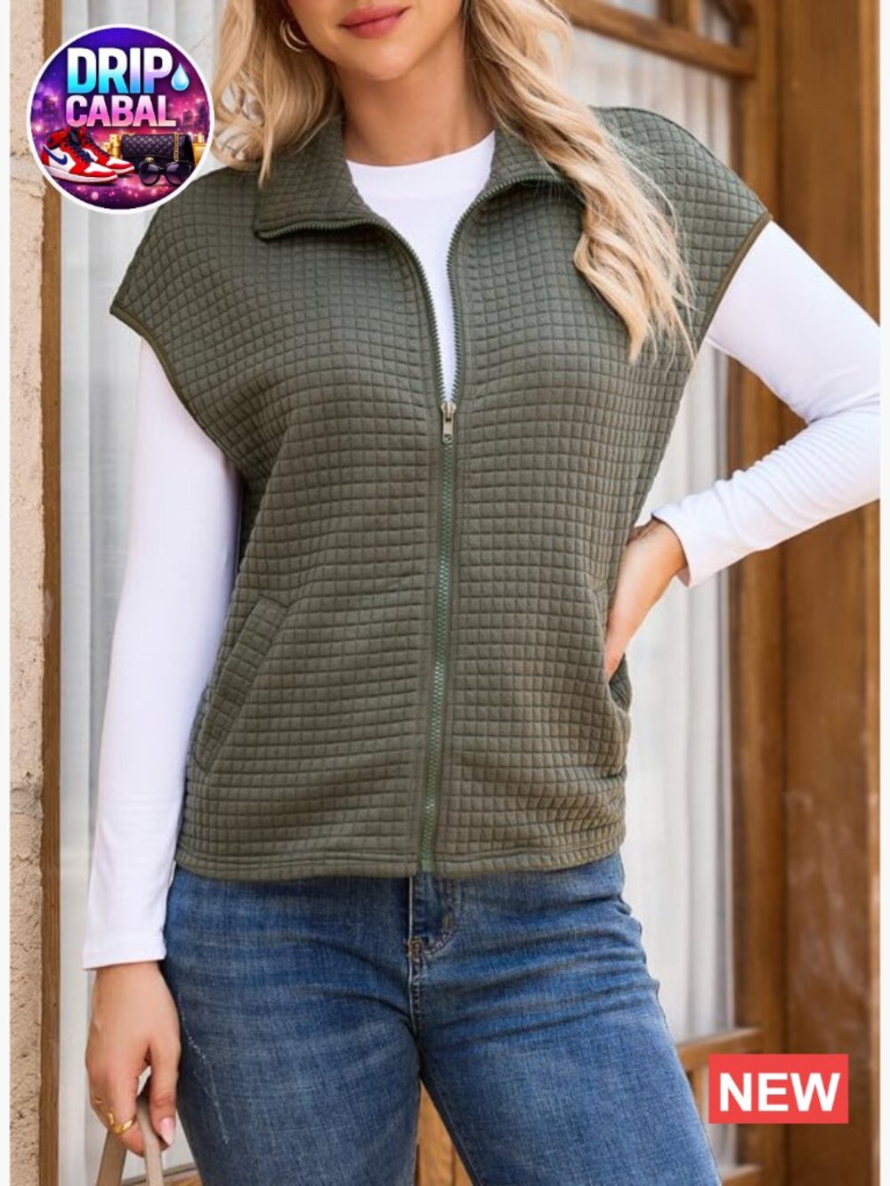 Zipper Up Cap Sleeve Side Pockets Waffle Knit Sleeveless Oversized Vest - Picture 4 of 7